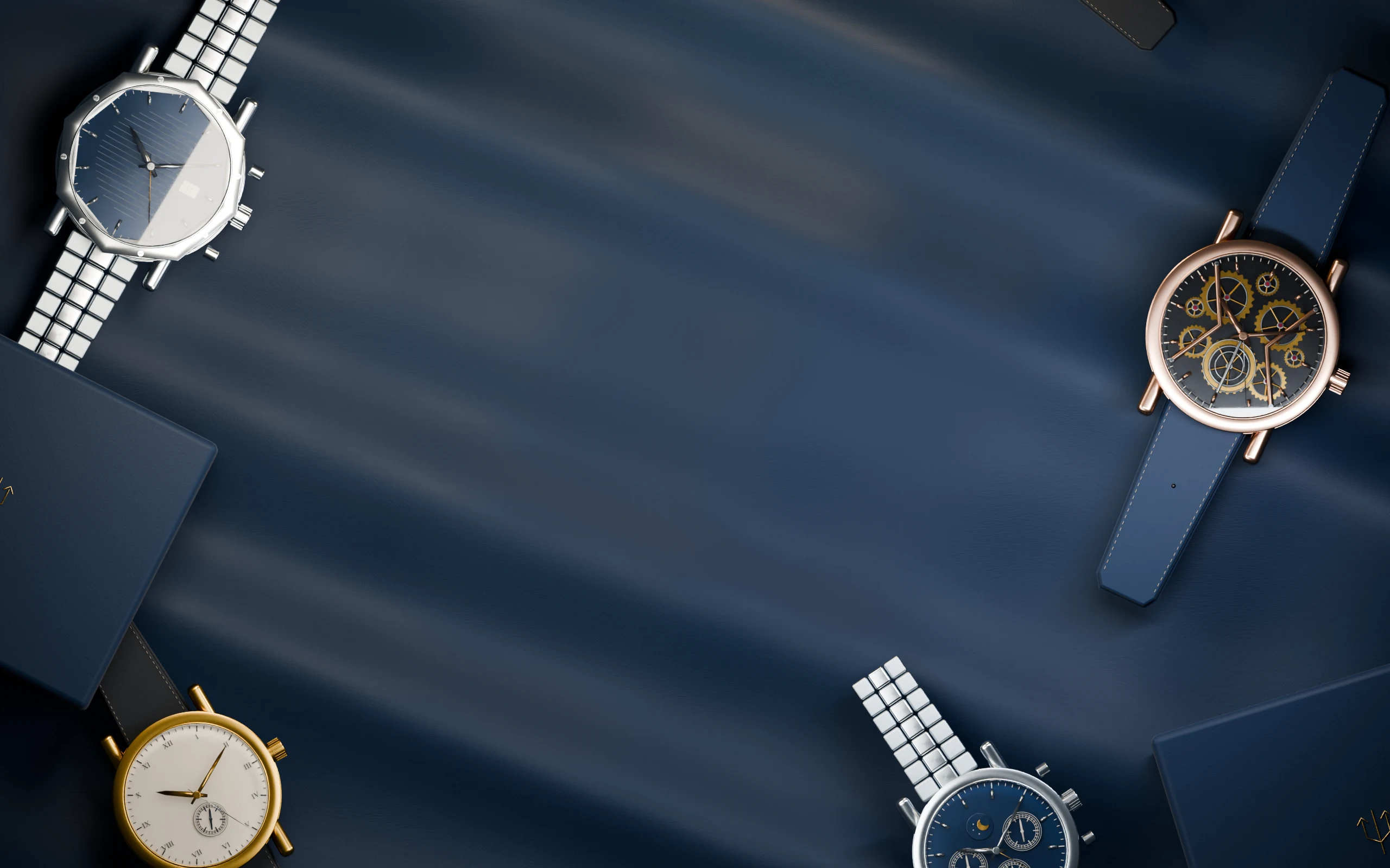 Original high-horology watch studies and sealed Trident presentation boxes, arranged on midnight navy silk.