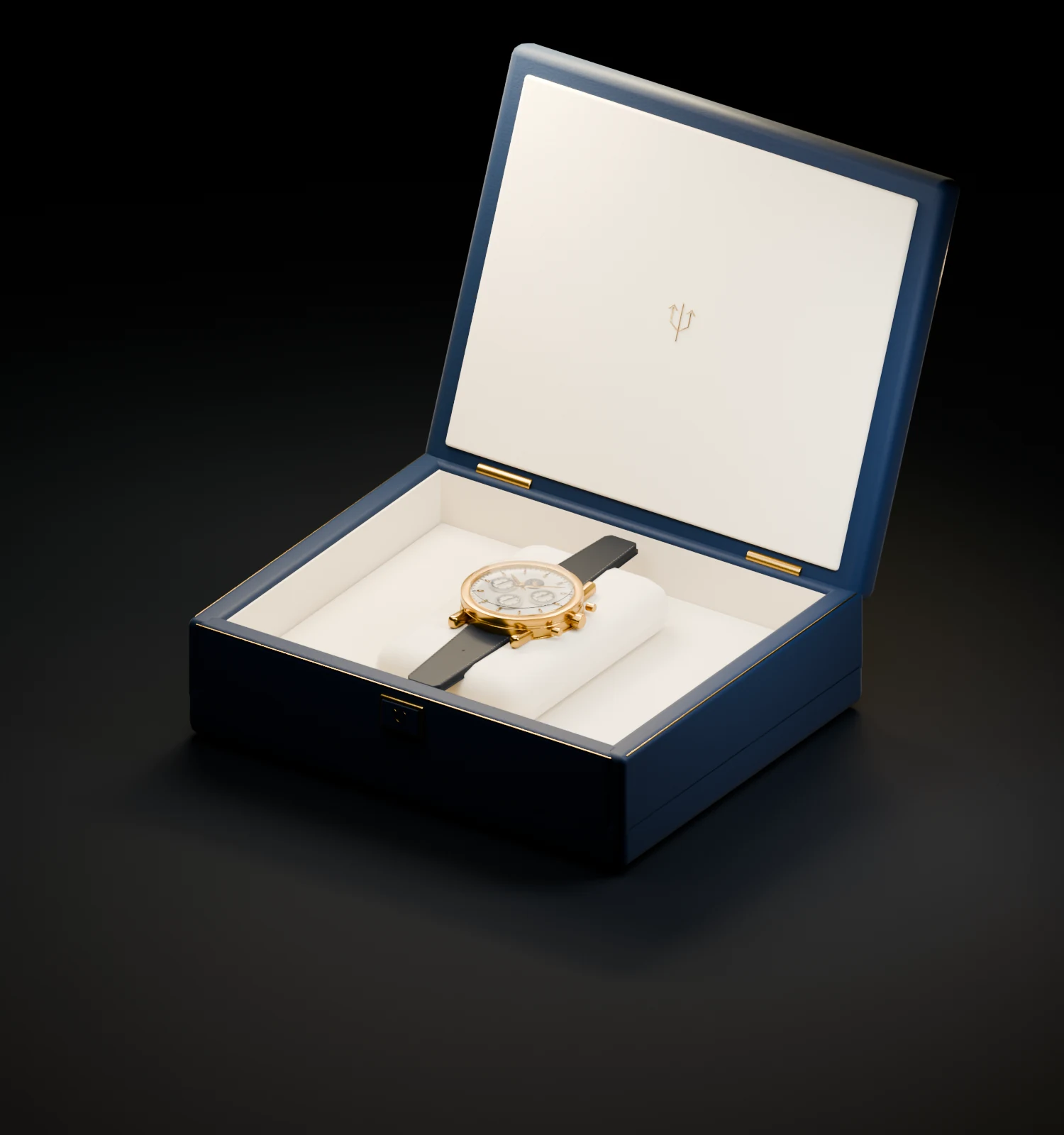 An open Trident presentation box in navy leather, with gold hardware, an ivory suede interior, and an original perpetual-calendar watch.