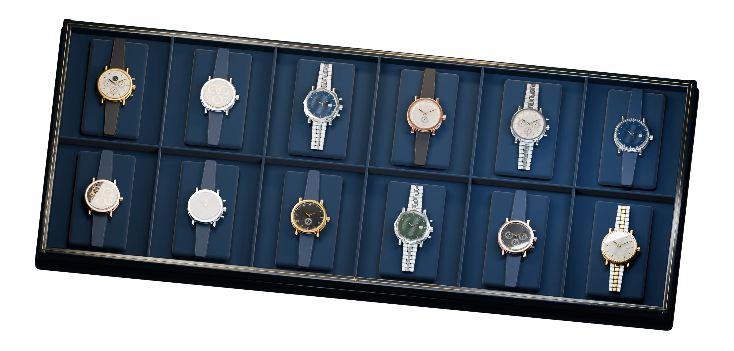 Twelve distinct, original watch studies arranged in a midnight suede collector’s cabinet: calendar complications, skeleton watches, gem-set pieces, and sporting silhouettes.